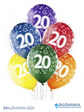 Balon 20 rojstni dan večbarvni, lateks (6 kom)