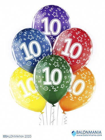 Balon 10 rojstni dan večbarvni, lateks (6 kom)